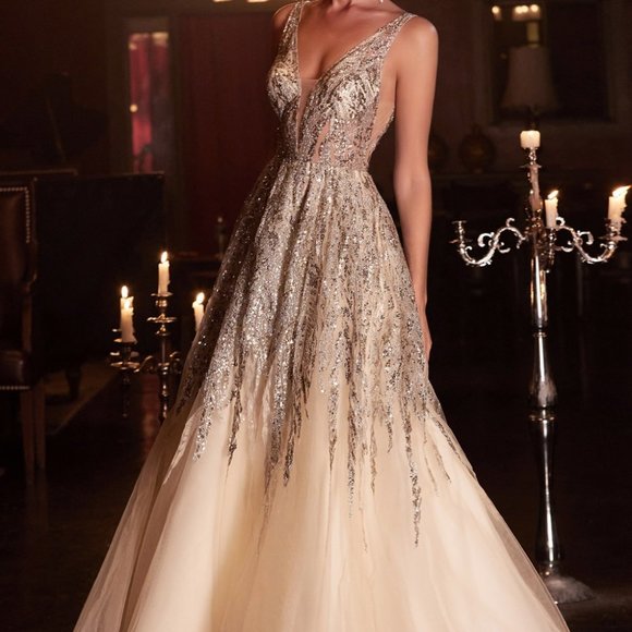 CHAMPAGNE  COLOR PROM PARTY FORMAL EVENING A-LINE BEADED SHIMMER BALL GOWN cd135 - Picture 6 of 6
